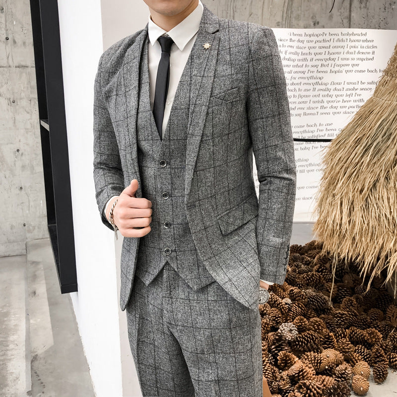 Slim Fit Suit Suit Men's Plaid Suit Three-piece Suit Gray