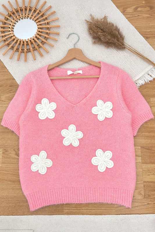 Flower V-Neck Short Sleeve Sweater Blush Pink