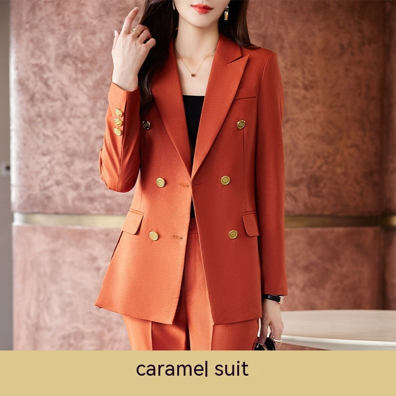 Caramel Suit Women's Fashion Temperament Double Breasted High Sense Slim Fit Suits Caramel Suit