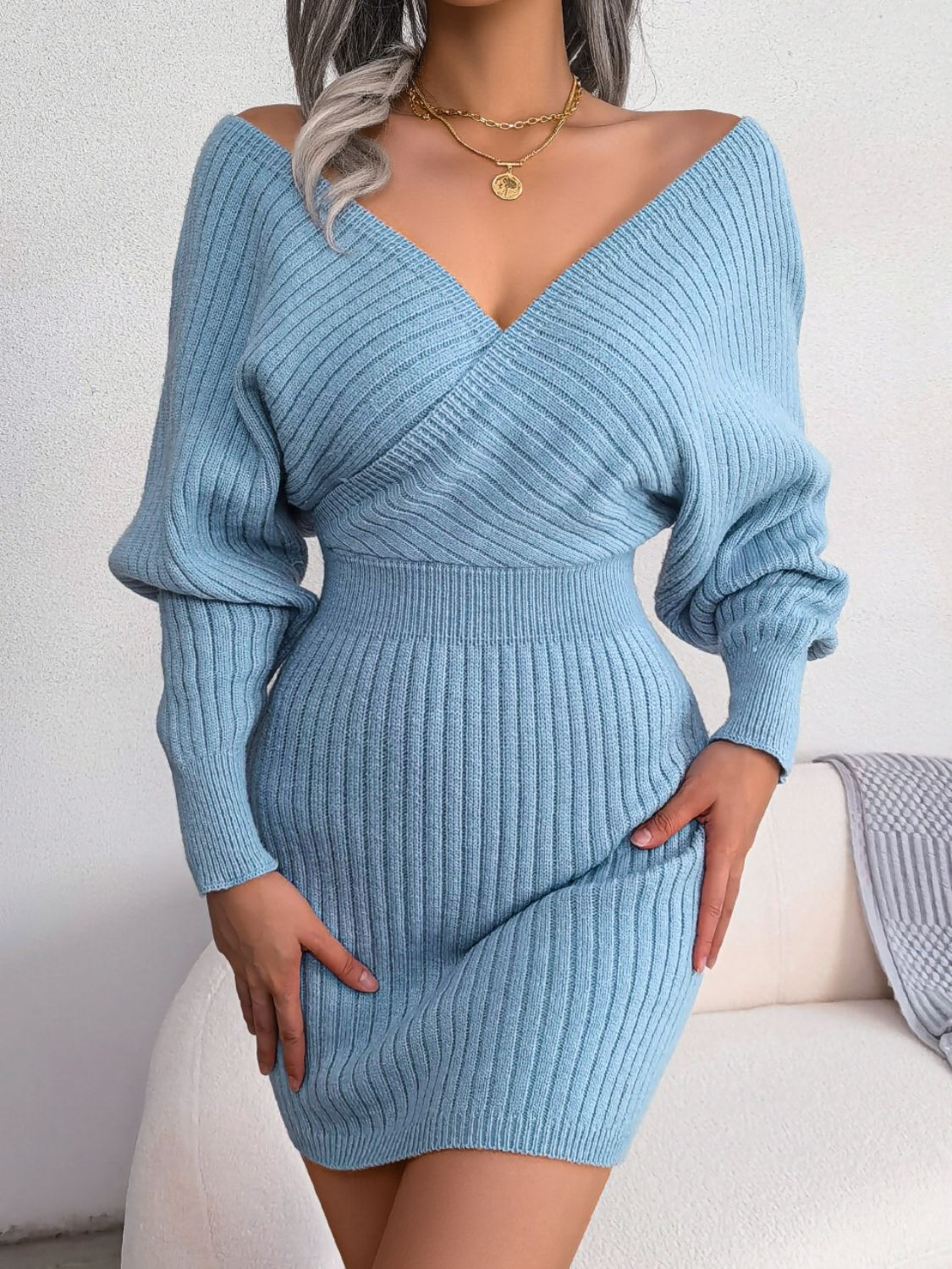 Rib-Knit Dolman Sleeve Sweater Dress Sky Blue