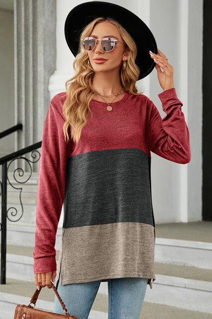 Color Block Round Neck Long Sleeve T-Shirt Charcoal