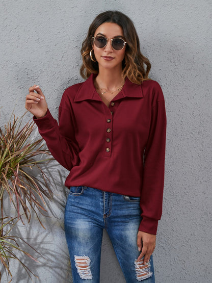 Half Button Dropped Shoulder Blouse Burgundy