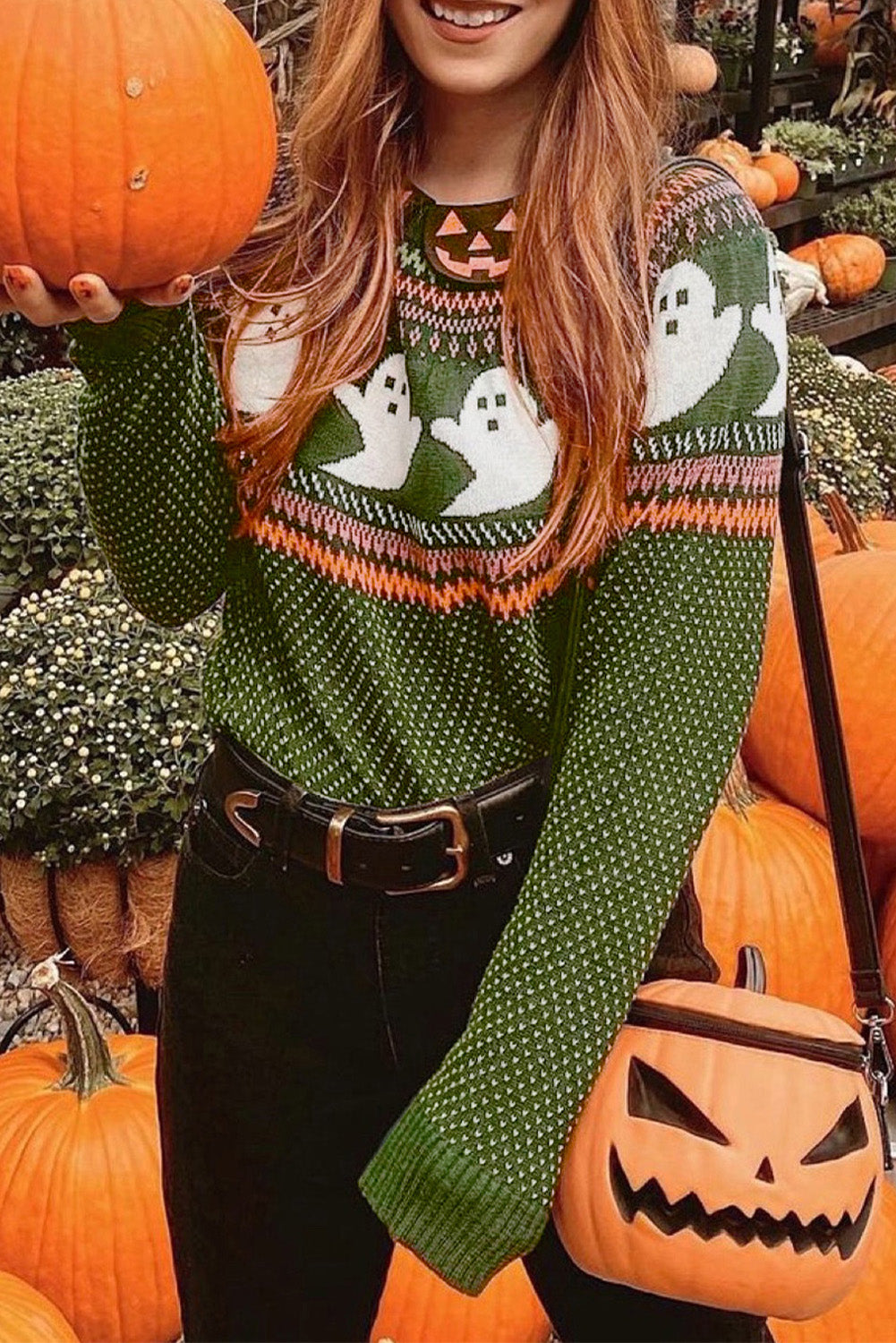 Jungle Green Halloween Ghost Pattern Drop Shoulder Sweater Jungle Green 55%Acrylic+45%Cotton