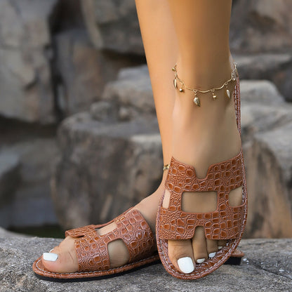 Crocodile Pattern Open-Toe PU Leather Sandals Caramel