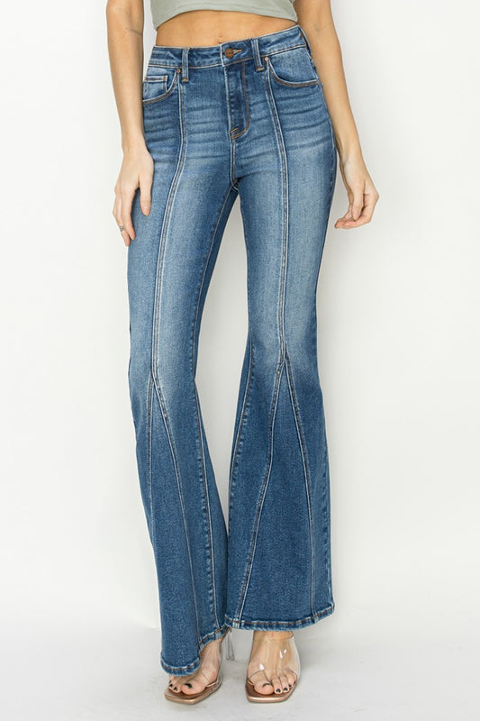 RISEN Full Size High Rise Front Seam Detailed Flare Jeans Dark