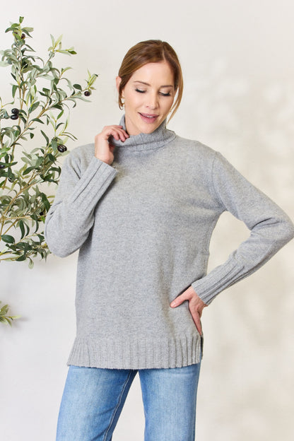 Heimish Full Size Turtleneck Long Sleeve Slit Sweater GREY