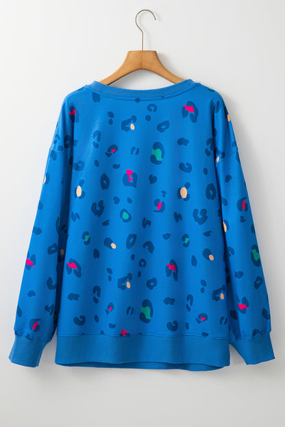 Sky Blue Plus Size Leopard Ribbed Edge Drop Shoulder Pullover Sweatshirt