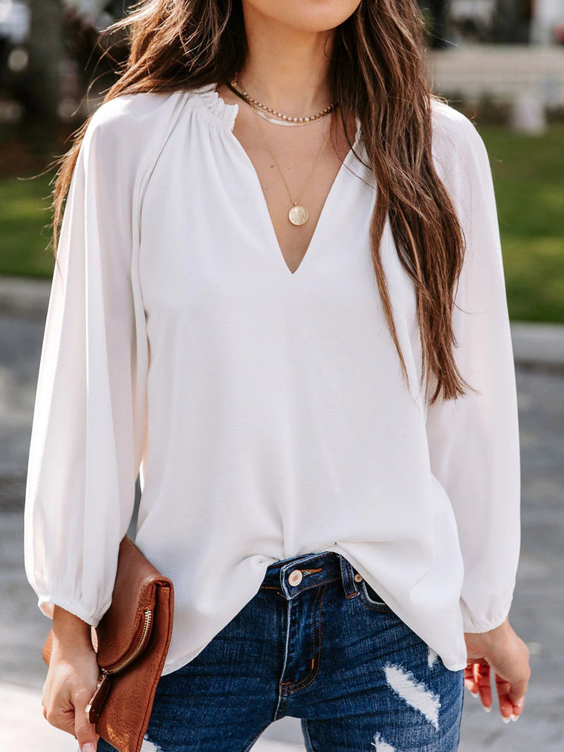 Notched Neck Long Sleeve Blouse White