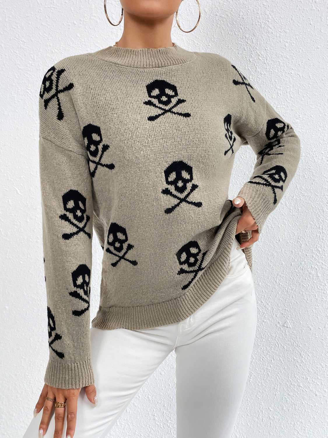 Patterned Drop Shoulder Sweater Khaki