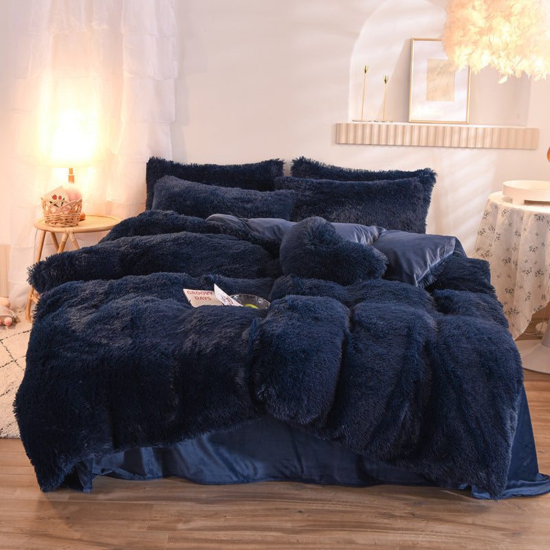 Luxury Thick Fleece Duvet Cover Queen King Winter Warm Bed Quilt Cover Pillowcase Fluffy Plush Shaggy Bedclothes Bedding Set Winter Body Keep Warm Navy