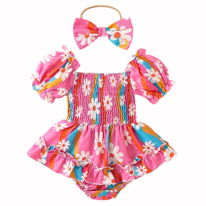 Bubble Sleeve Colorful Flower Romper Triangle Jumpsuit Glittering Powder