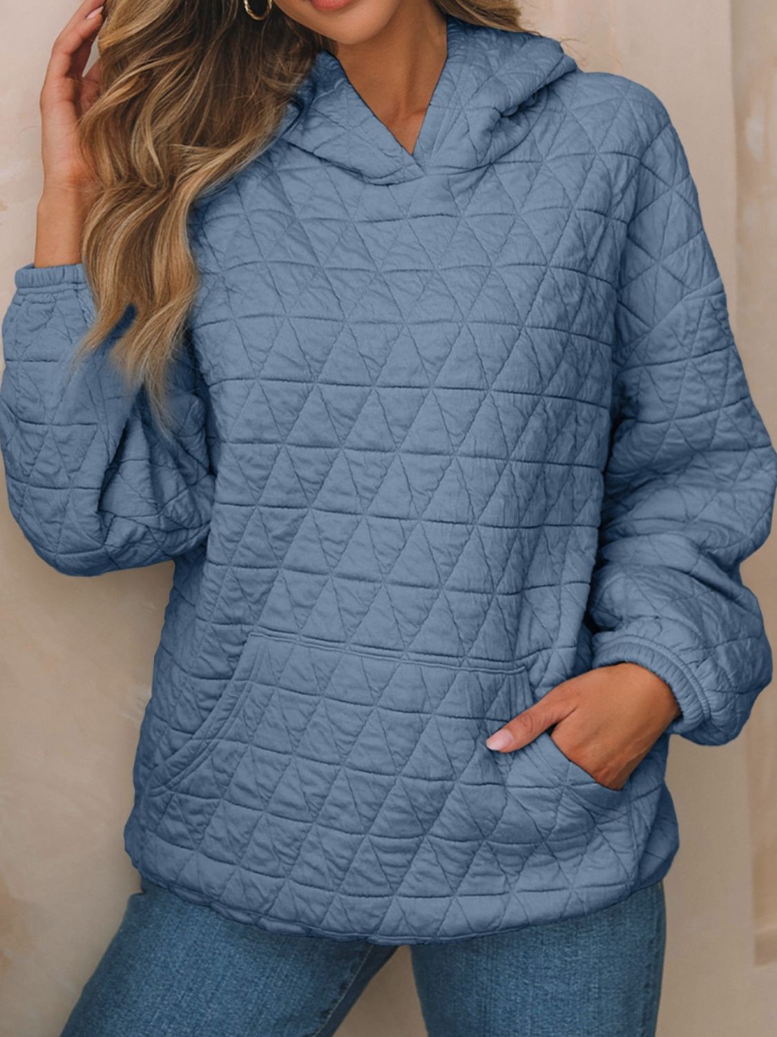 Textured Long Sleeve Hoodie with Pockets Dusty Blue