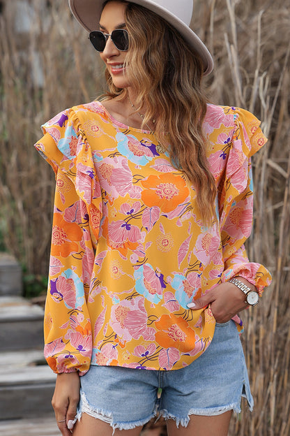 Floral Print Ruffle Puff Sleeve Blouse