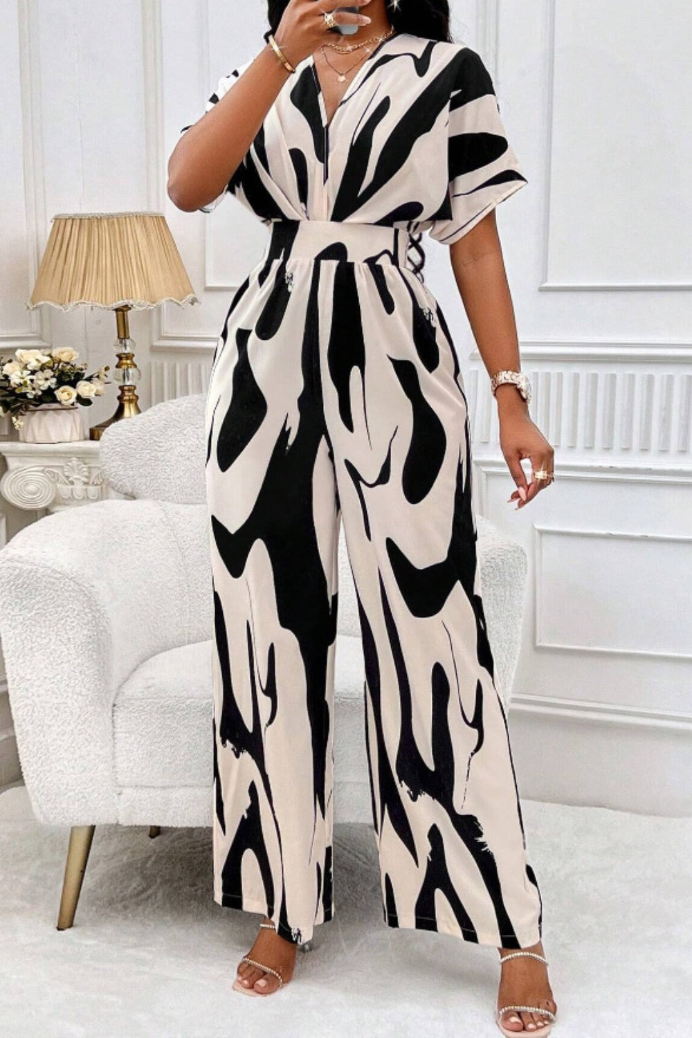 Printed V-Neck Short Sleeve Wide Leg Jumpsuit - Thandynie