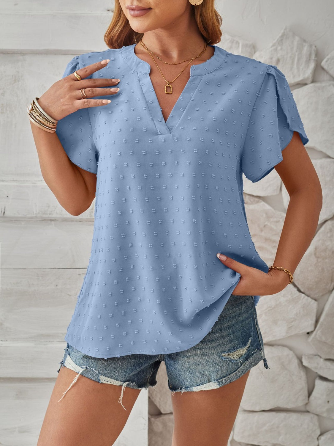 Swiss Dot Notched Petal Sleeve T-Shirt