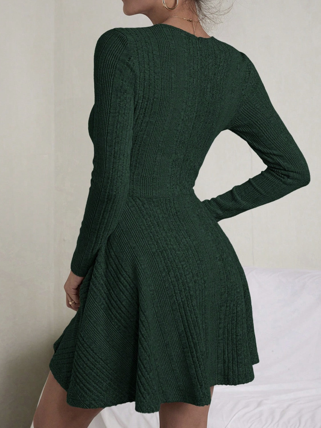 Textured Round Neck Long Sleeve Dress