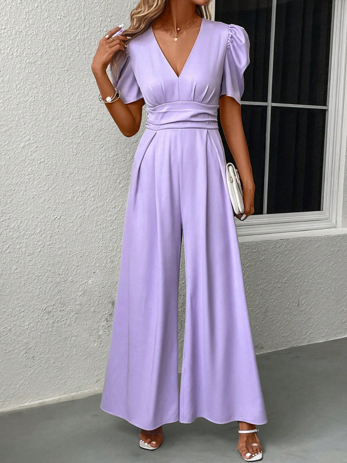 V-Neck Short Sleeve Wide Leg Jumpsuit Lavender