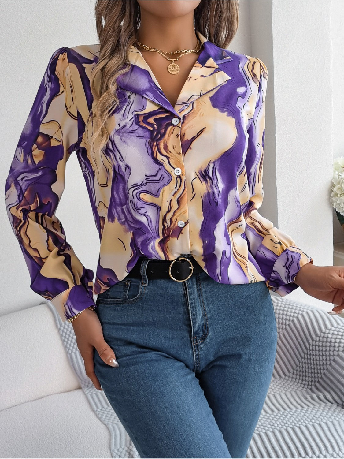 Printed Button Up Long Sleeve Shirt - Thandynie