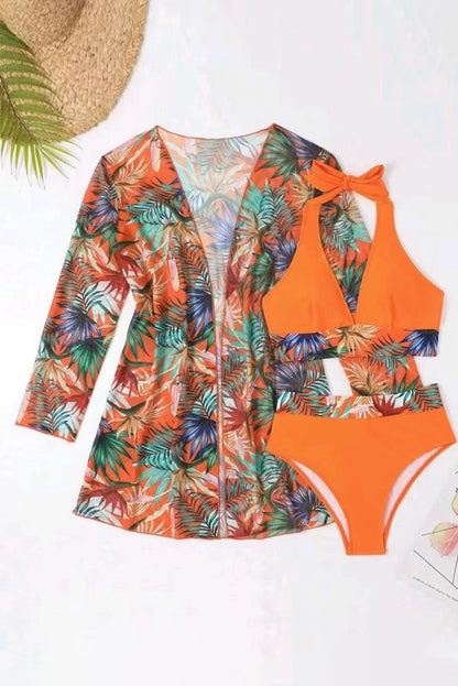 Carrot 3pcs Tropical Contrast Trim Halter Bikini Set with Cover up