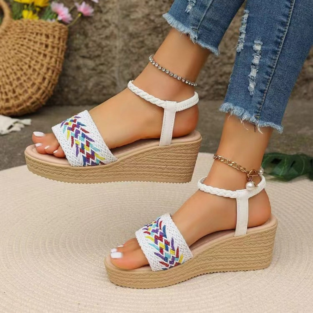 Open Toe Wedge Woven Sandals - Thandynie