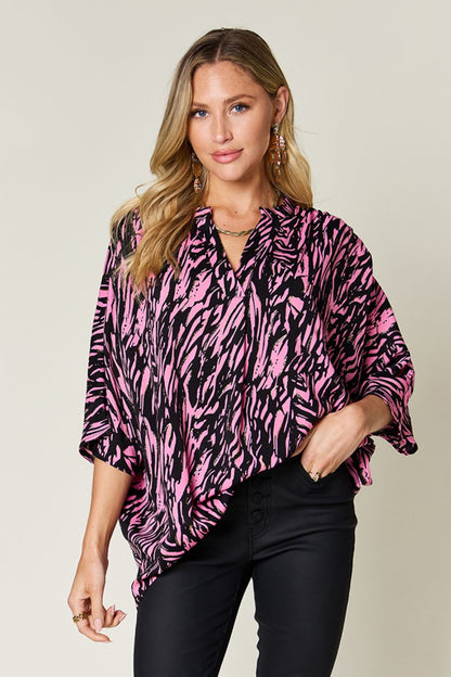 Double Take Full Size Printed Notched Three-Quarter Sleeve Blouse Pink