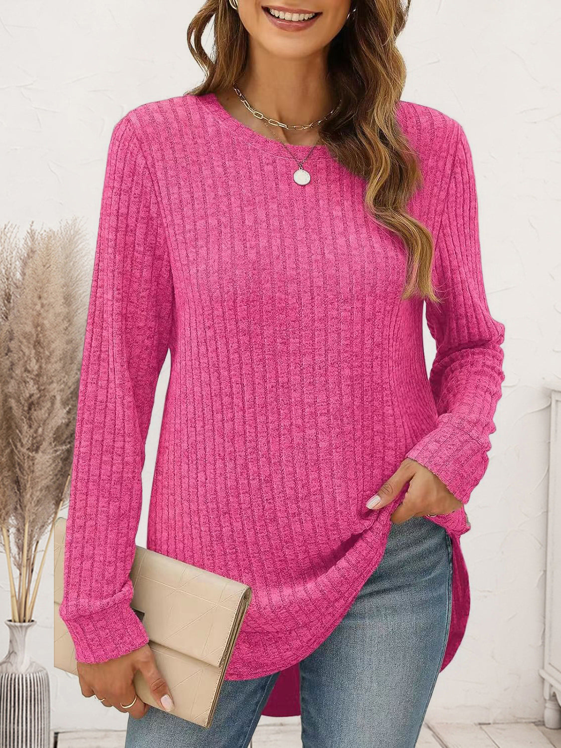 Ribbed Round Neck Long Sleeve T-Shirt - Thandynie