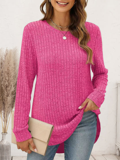 Ribbed Round Neck Long Sleeve T-Shirt Hot Pink