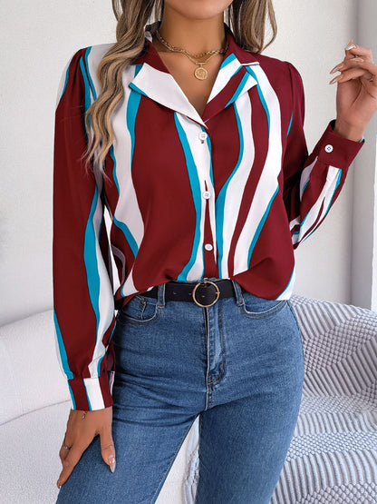 Printed Button Up Long Sleeve Shirt Burgundy