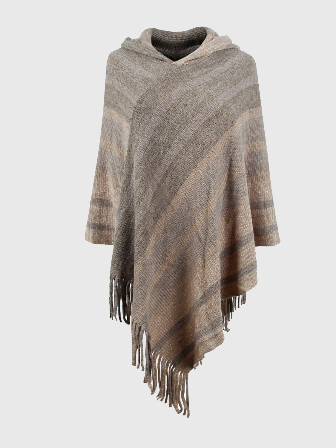 Striped Fringe Hem Hooded Poncho - Thandynie