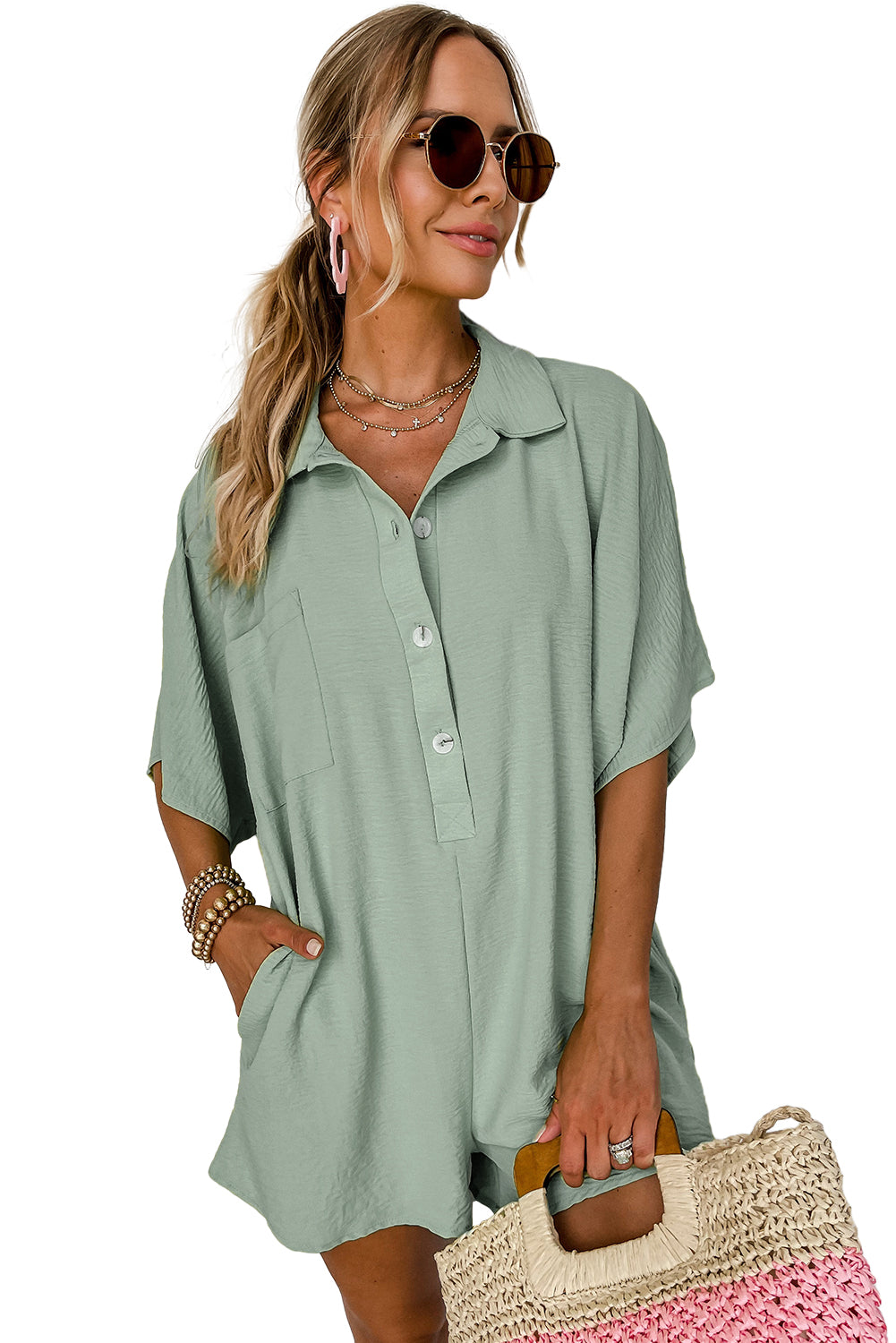 Spinach Green Half Button Collared Loose Romper