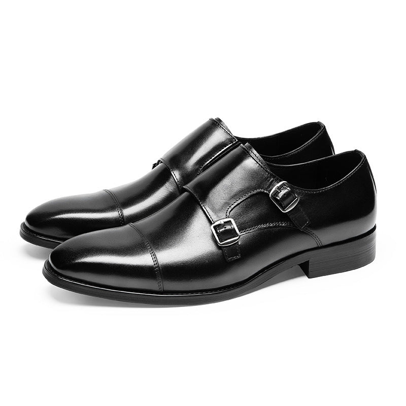 Double Buckle Design First Layer Cowhide Men's Business Leather Shoes Black