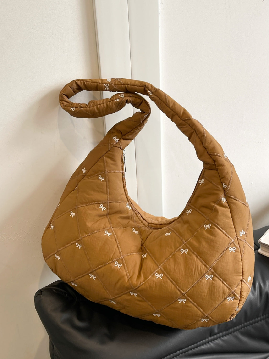 Bow Polyester Shoulder Bag Khaki One Size