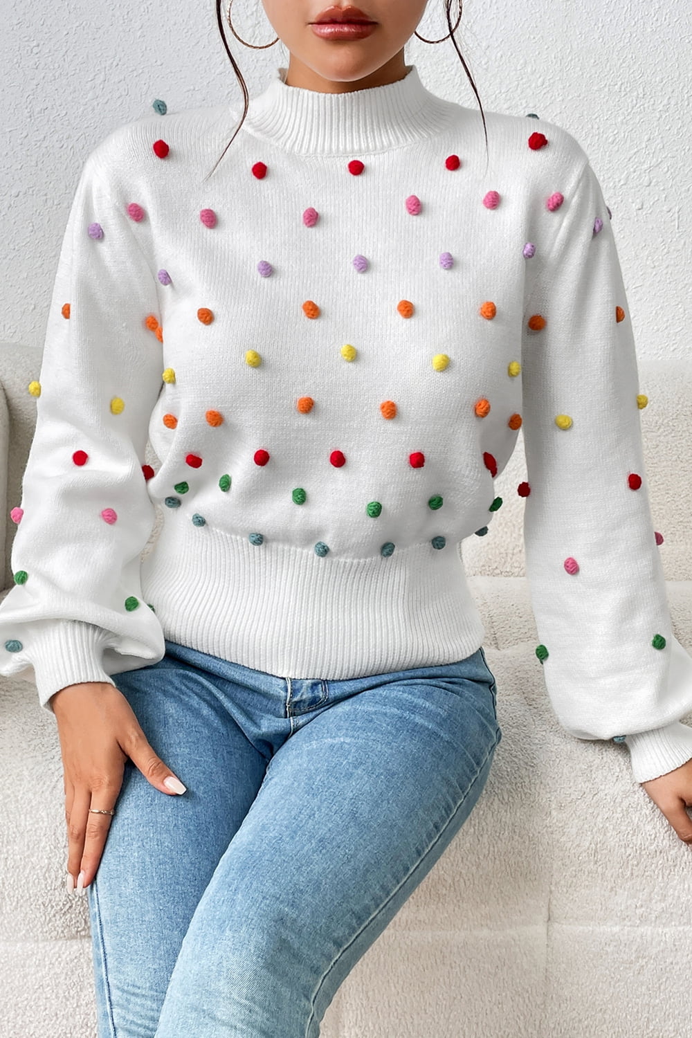 Pom-Pom Trim Mock Neck Long Sleeve Pullover Sweater White