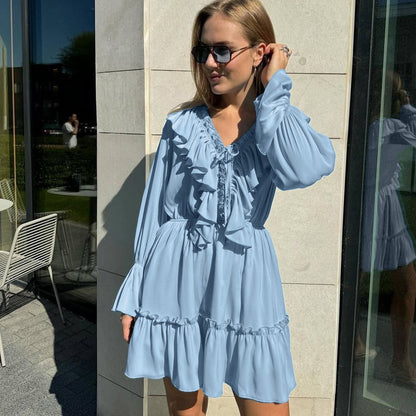 Fashion V Neck Pleated Ruffle Long Sleeve Dress Y2K V Neck Flared Sleeve Short Dress Women's Clothing Blue