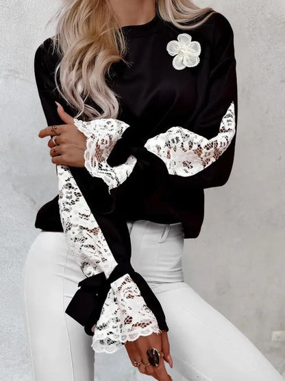 Lace Detail Tied Cuff Long Sleeve Sweatshirt Black