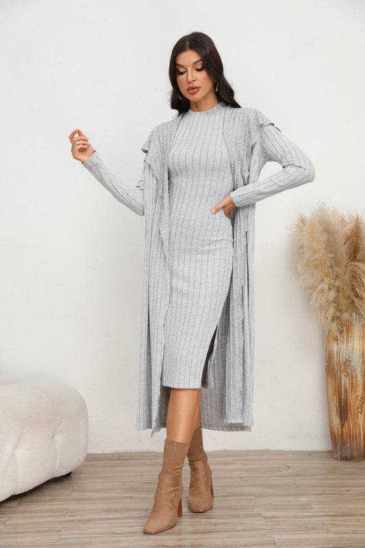 Slit Dress and Longline Cardigan Set Light Gray