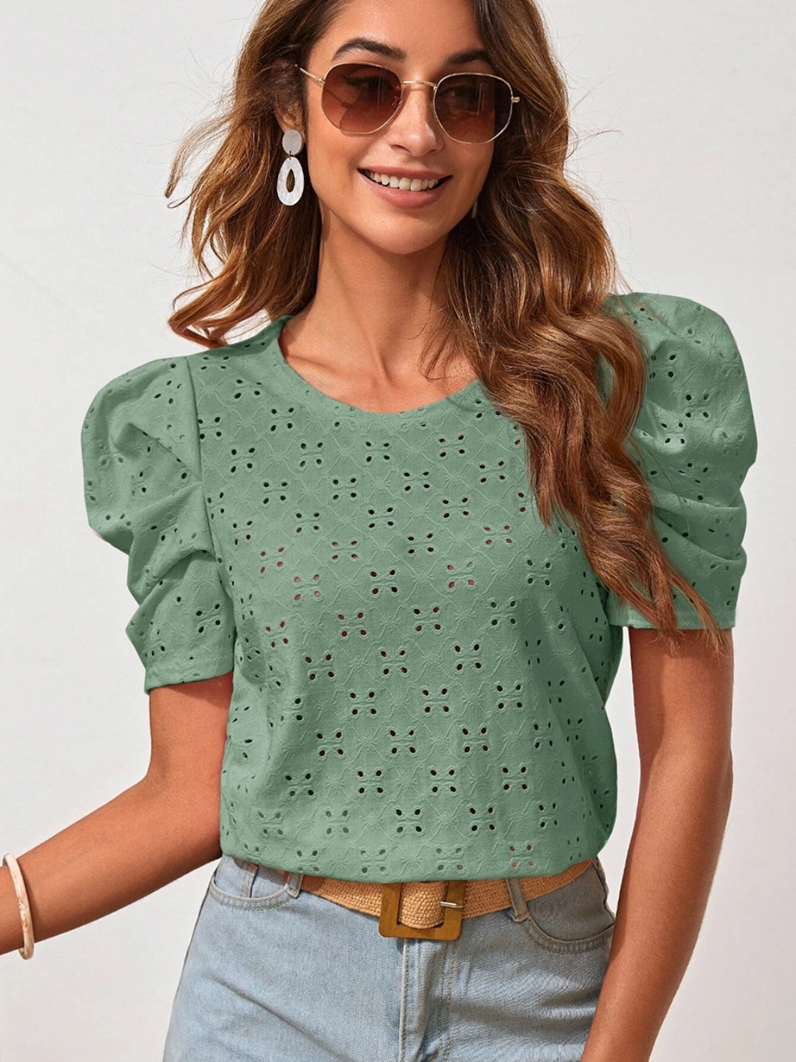 Eyelet Round Neck Puff Sleeve Blouse Teal