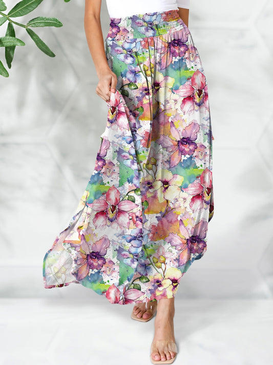 Smocked Printed Elastic Waist Maxi Skirt Multicolor