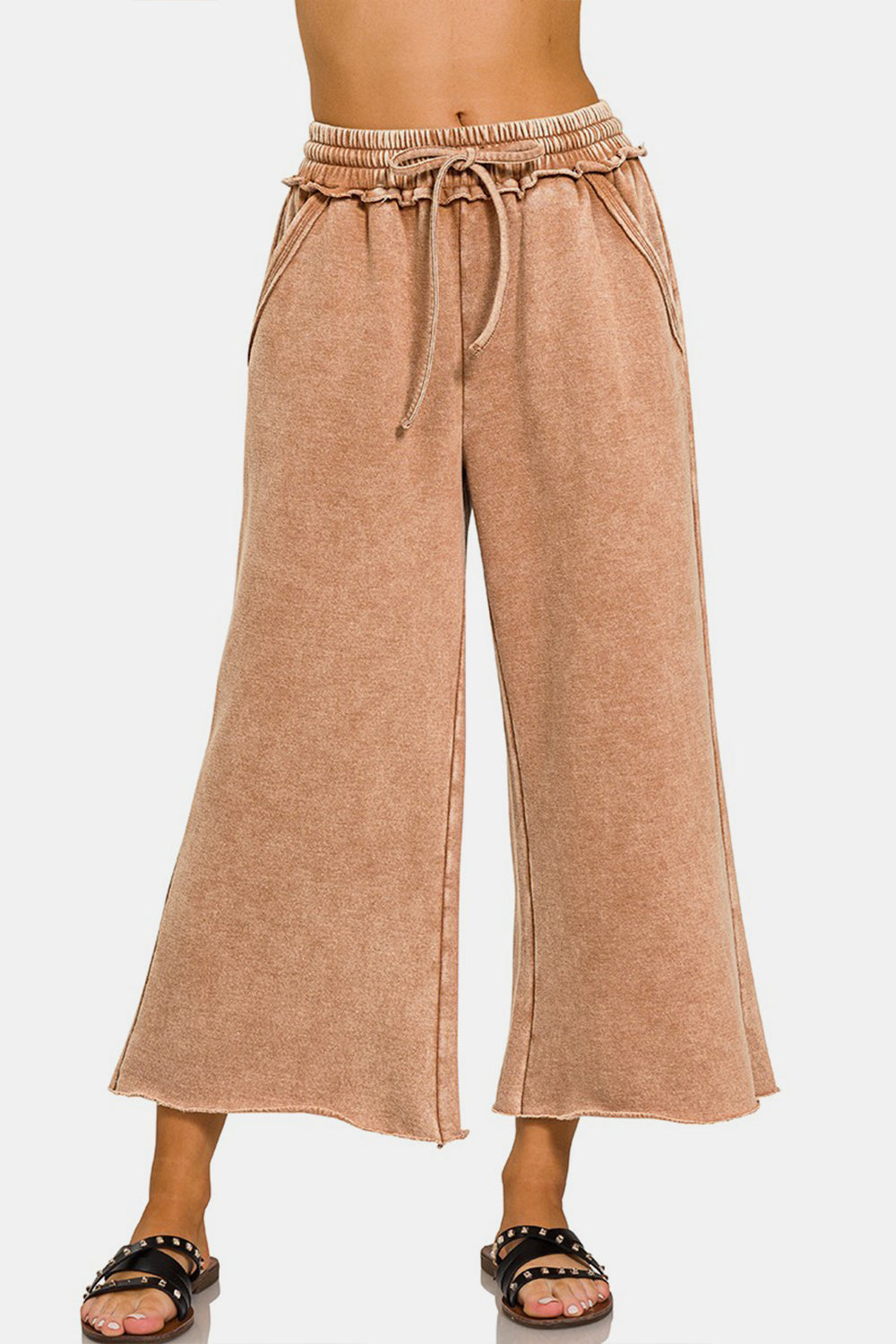 Zenana Acid Wash Fleece Wide Leg Pants RUST