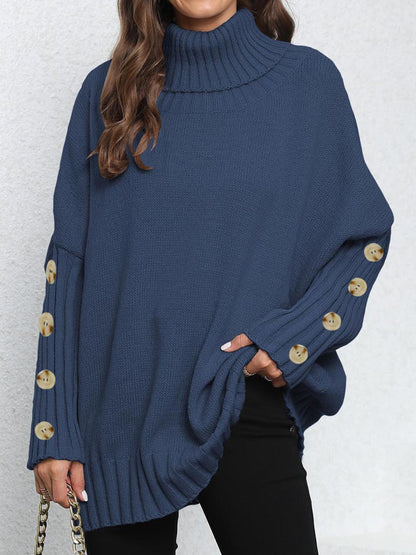 Turtleneck Long Sleeve Sweater Dark Blue One Size