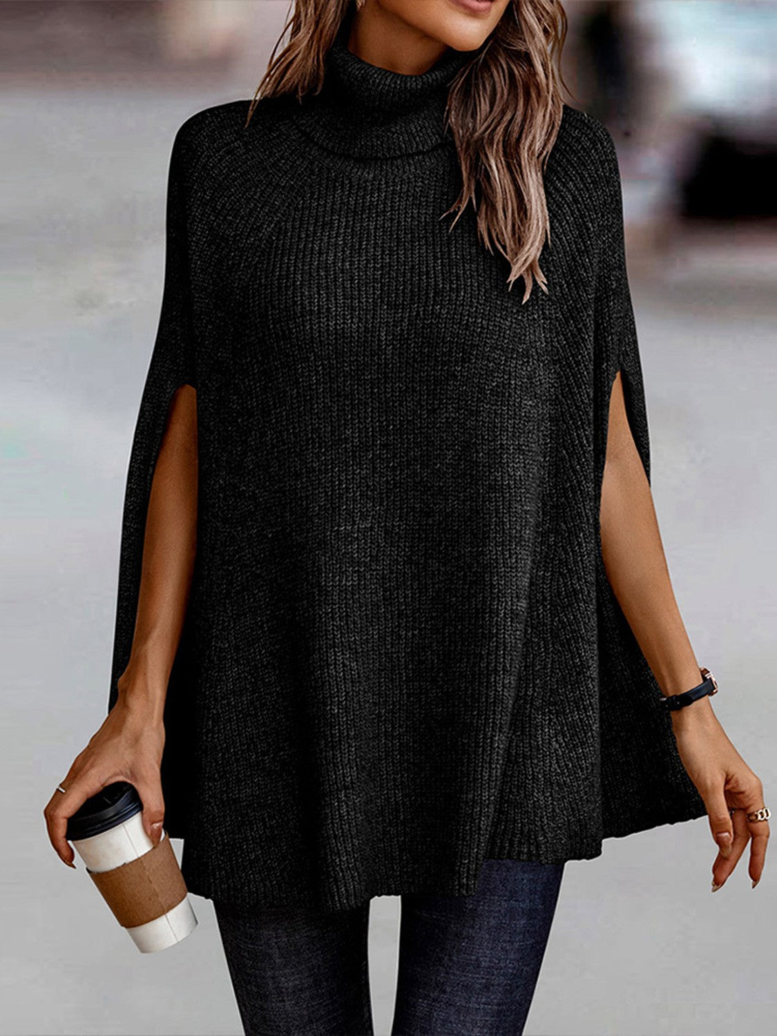 Turtleneck Dolman Sleeve Poncho Black