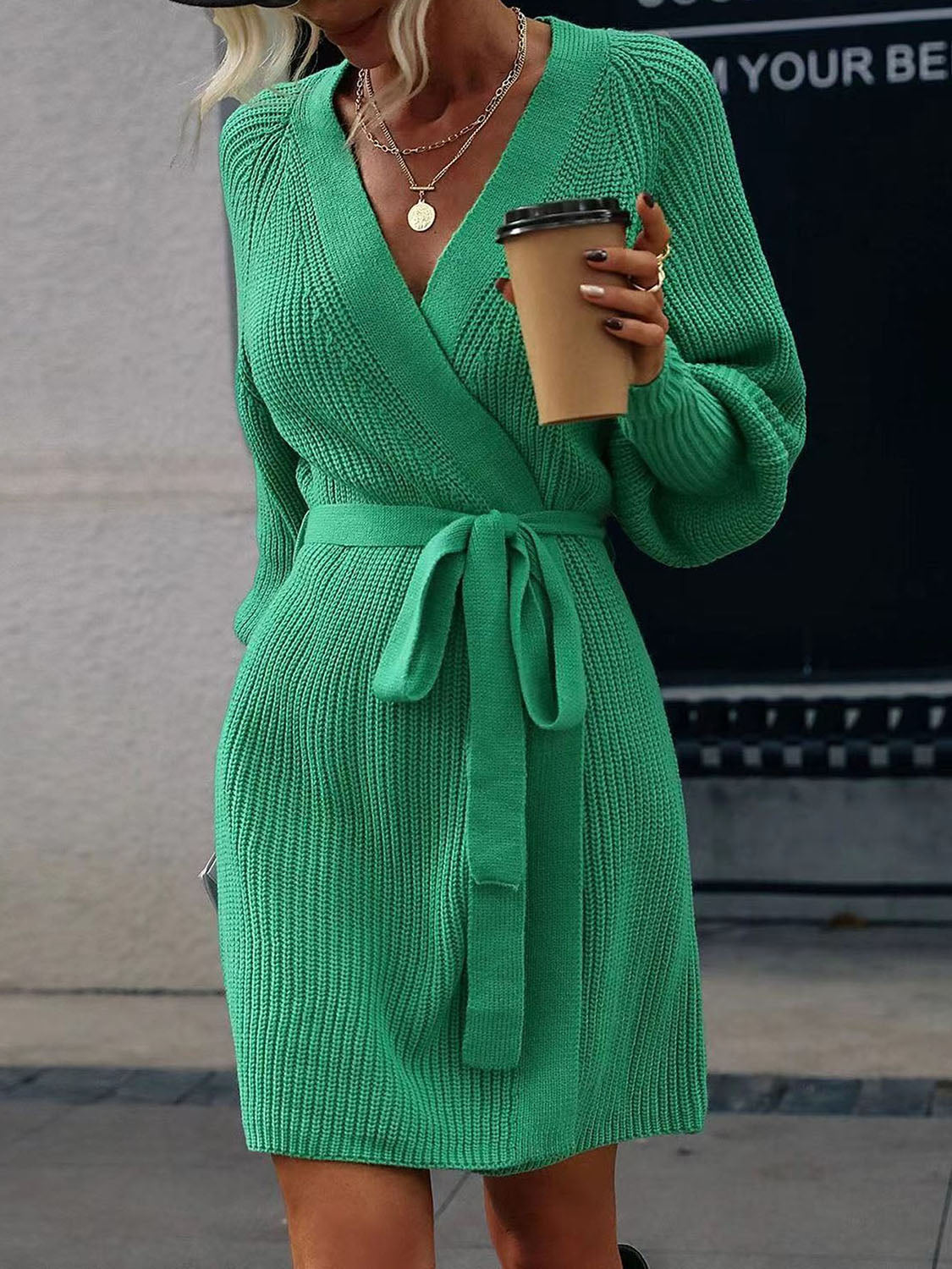 Open Front Lantern Sleeve Tied Cardigan Green