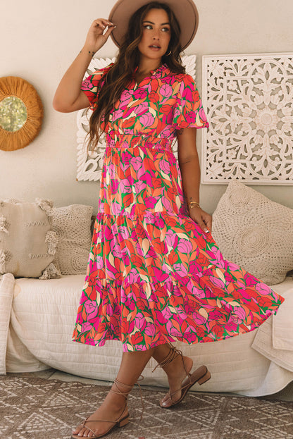 Rose Floral Short Sleeve Smocked Waist Maxi dress