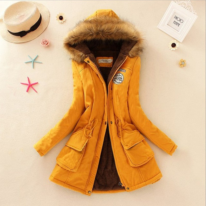 Long Women's Cotton-Padded Jacket With Wool Collar Yellow