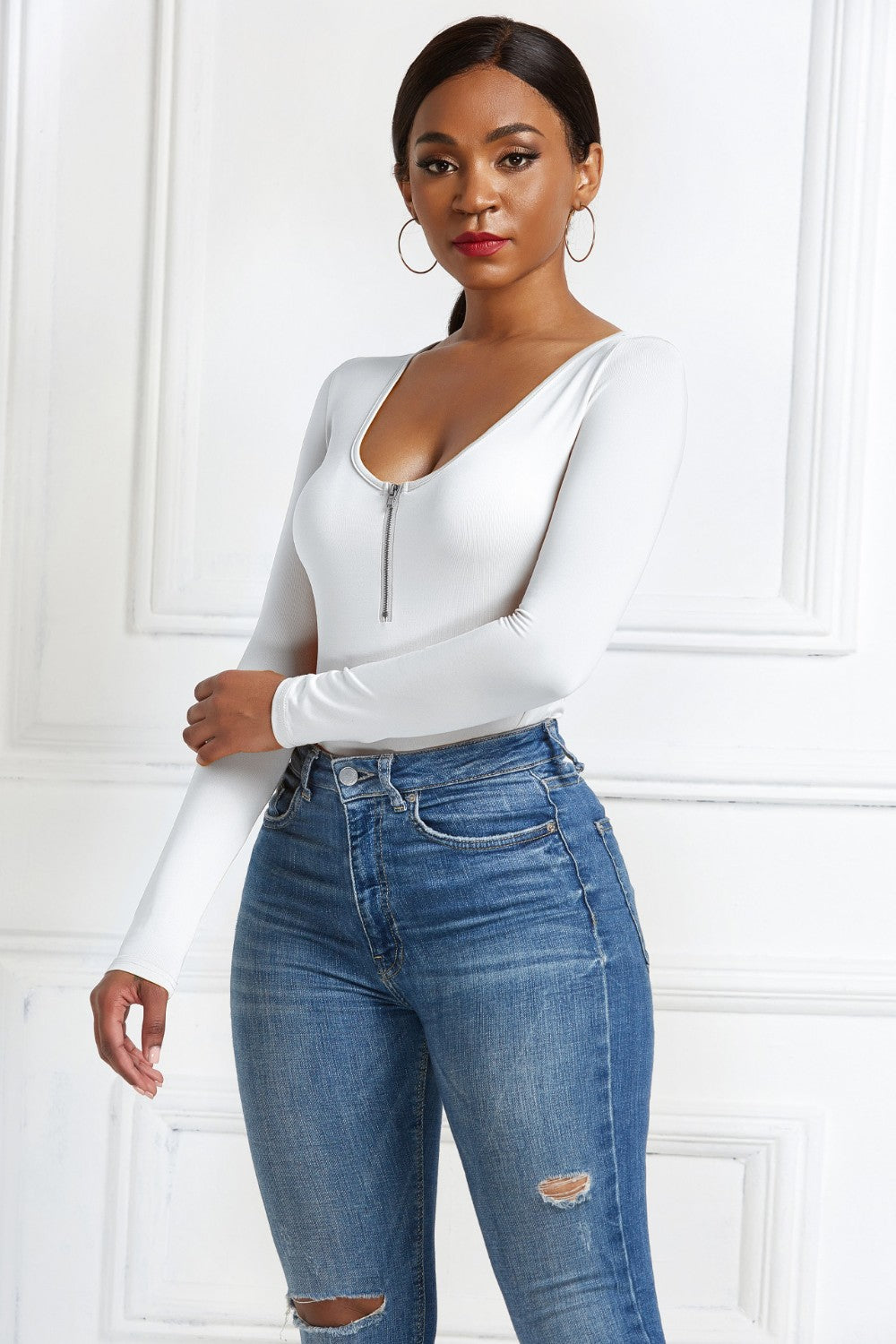 Half Zip Scoop Neck Long Sleeve Bodysuit - Thandynie