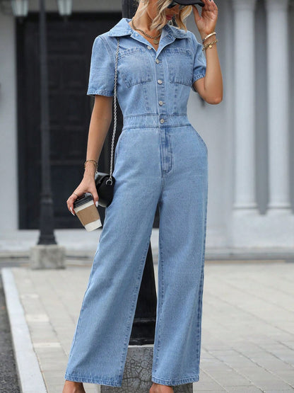 Short Sleeve Wide Leg Denim Jumpsuit Light