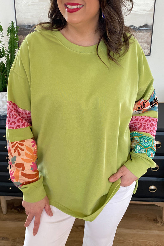 Green Plus Size Printed Patchwork Sleeve Split Sweatshirt Green 65%Polyester+35%Cotton