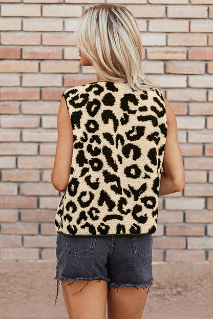 Black Leopard Print Sherpa Vest Coat