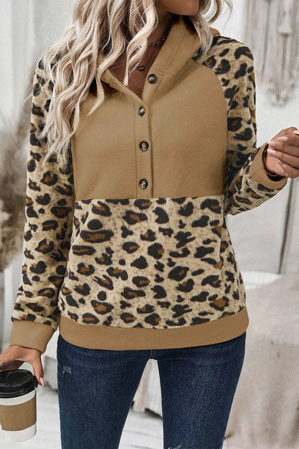 Leopard Half Button Long Sleeve Hoodie Camel