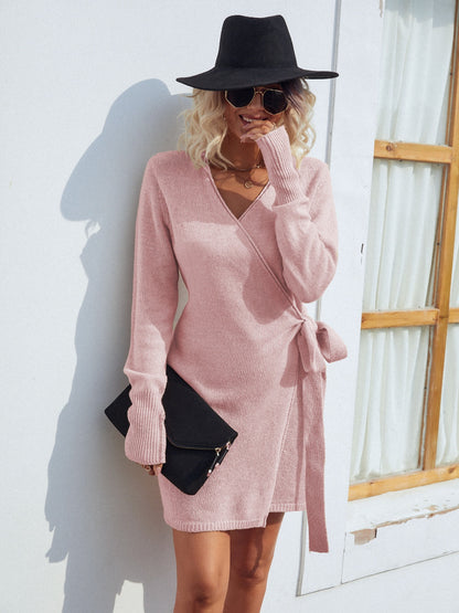 Tied Open Front Long Sleeve Cardigan Dusty Pink